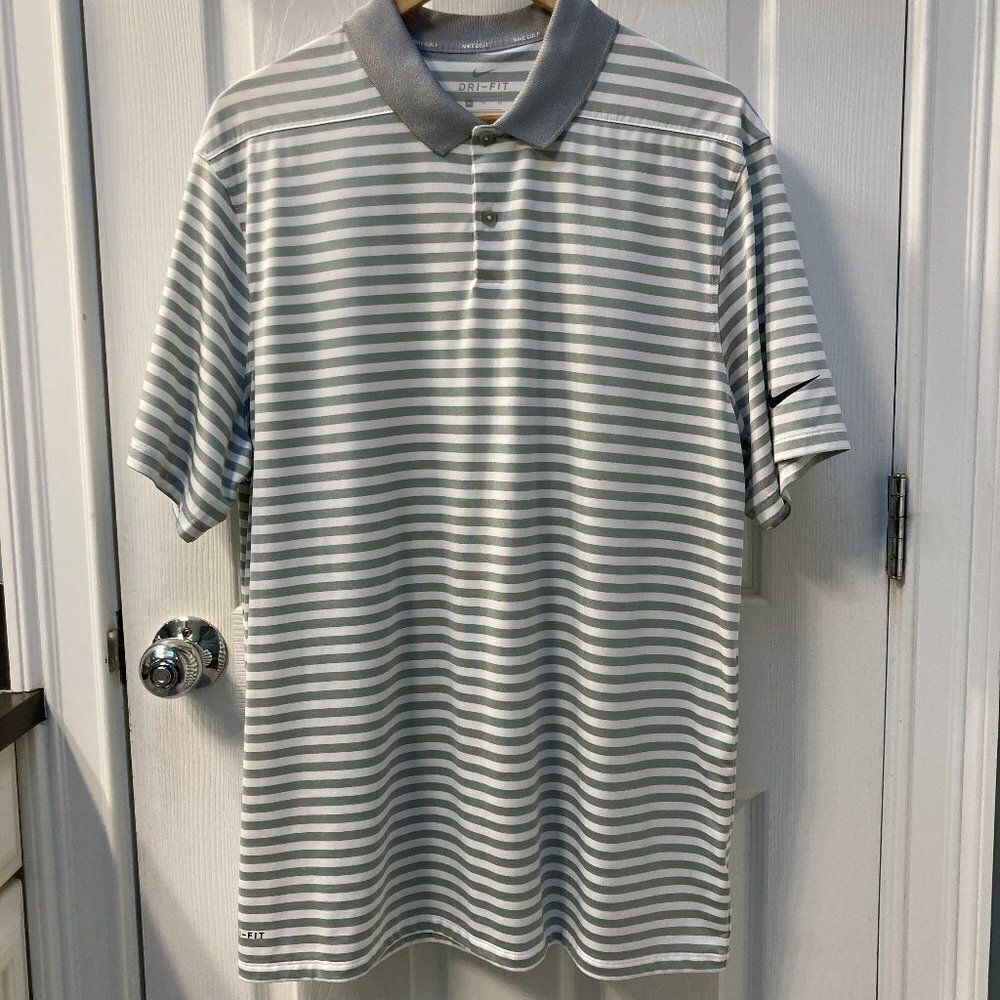 Nike Golf Dri Fit Gray White Striped Polo Shirt Size XL